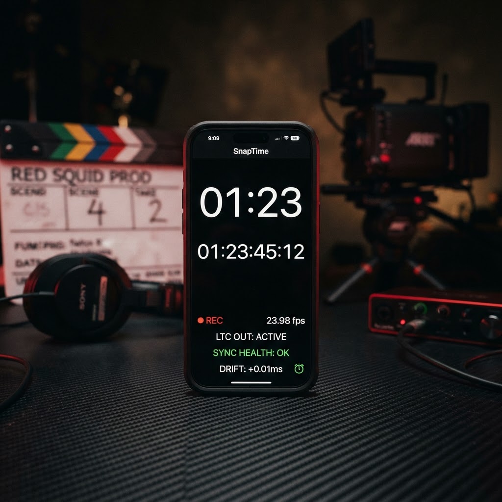 SnapTime iPhone timecode hub concept on a low-light film set