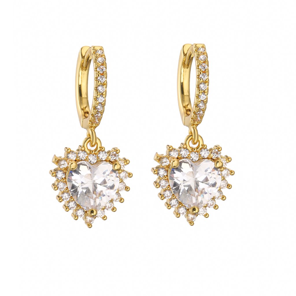 Zircon Heart-Shaped Dangle Hoop Earrings - Gold Plated