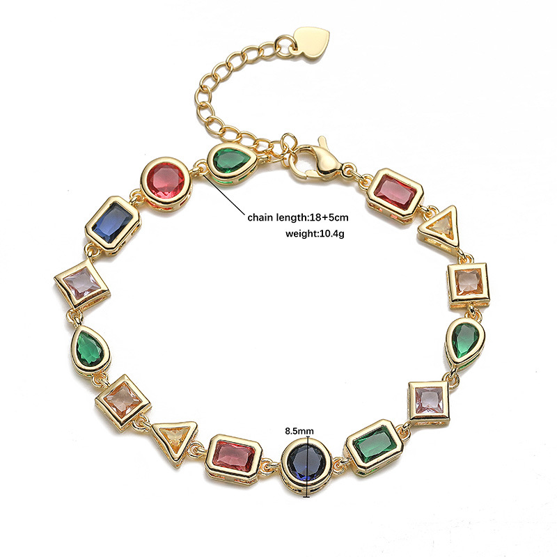 Copper Inlaid Colorful Zirconia Geometric Patchwork Bracelet - Personalized Bohemian Style Charm Bracelet for Women — Spec Chart
