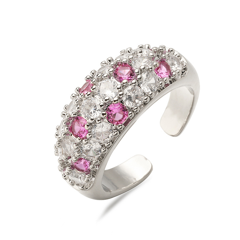 Copper Inlaid Colorful Diamond Circular Open Adjustable Ring Niche High-End Pave-Set Ring — Pink/Silver-2