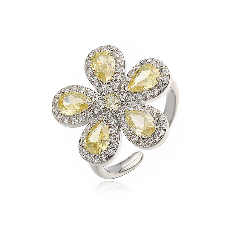 Copper Inlaid Colorful Zirconia Flower Petal Ring - Luxury Sparkle Five-Petal Adjustable Open Ring 6
