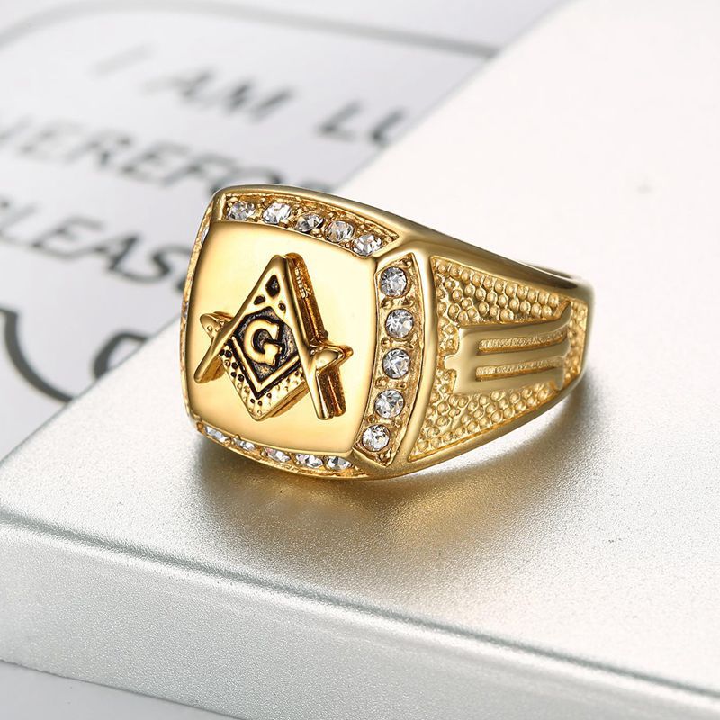 Gold-Plated Masonic Square and Compasses Rhinestone Ring — view 2