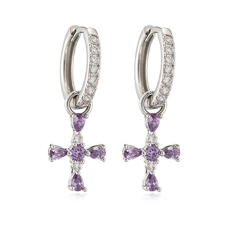 Copper Gold-Plated Colorful Zircon Cross Huggie Hoop Earrings Trendy Hip-Hop Style Cross Dangle Charms — Silver-tone with Purple Cross