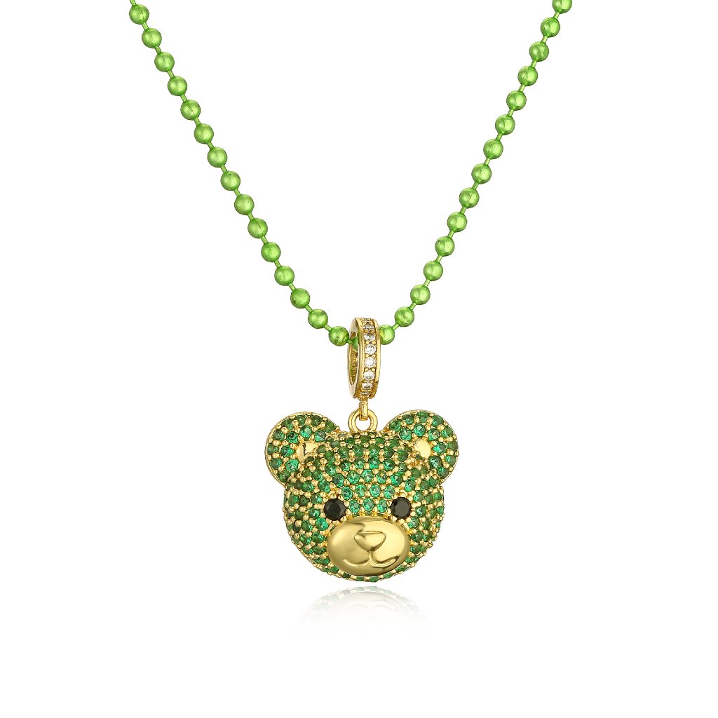 Cute Bear Pendant Necklace - Green Gold Bead Chain
