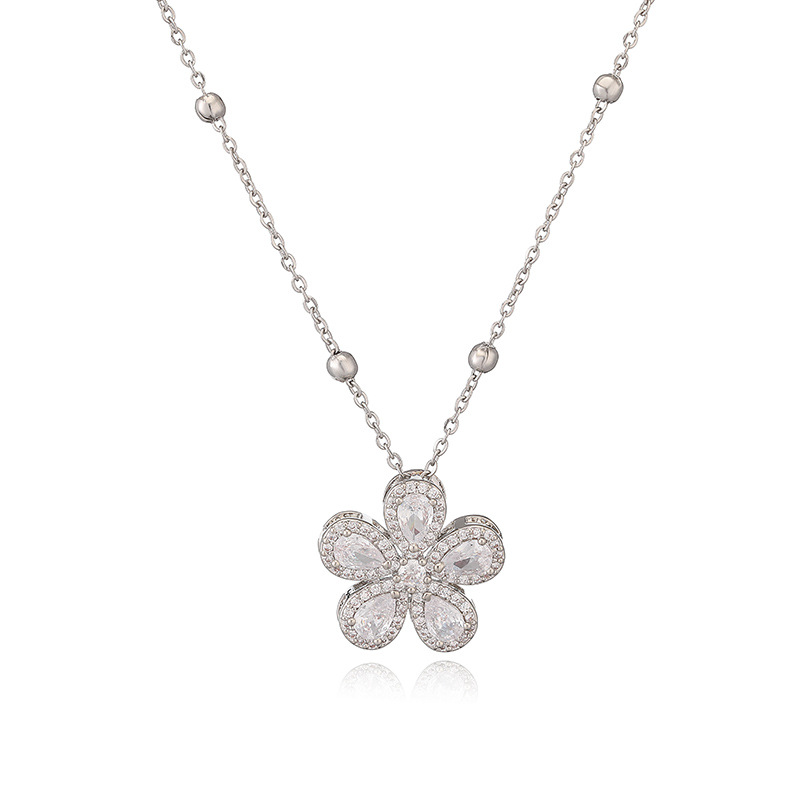 Copper-Inlaid Teardrop Colored Diamond Five-Petal Flower Pendant Necklace - Elegant Light Luxury Sparkling Floral Beaded Clavicle Chain 10