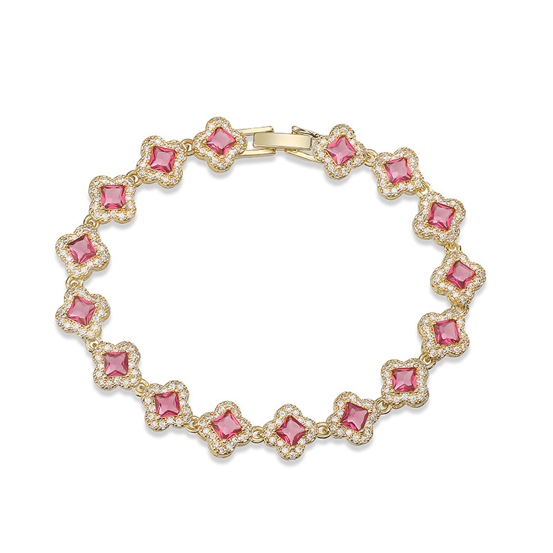 Copper Inlaid Colorful Zirconia Four-Leaf Clover Flower Petal Stackable Bracelet for Women - Luxury Sparkling Floral Bangle 26
