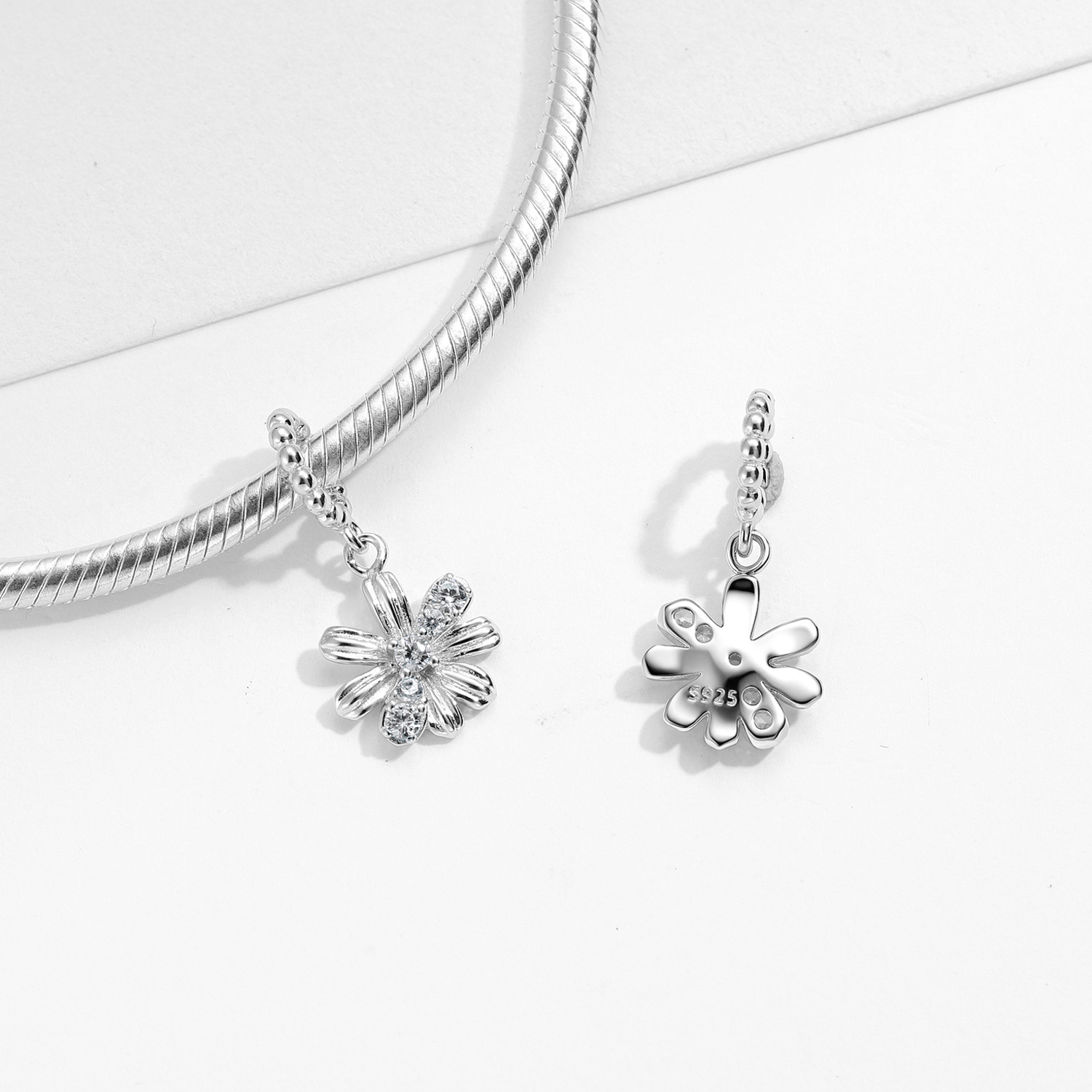 White Daisy Charm Bead S925 Sterling Silver Floral Pendant with CZ Accents for Bracelet 2