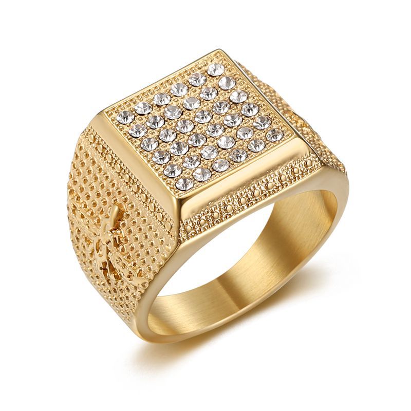 Gold-Plated Rhinestone Zoroastrian Square Signet Ring