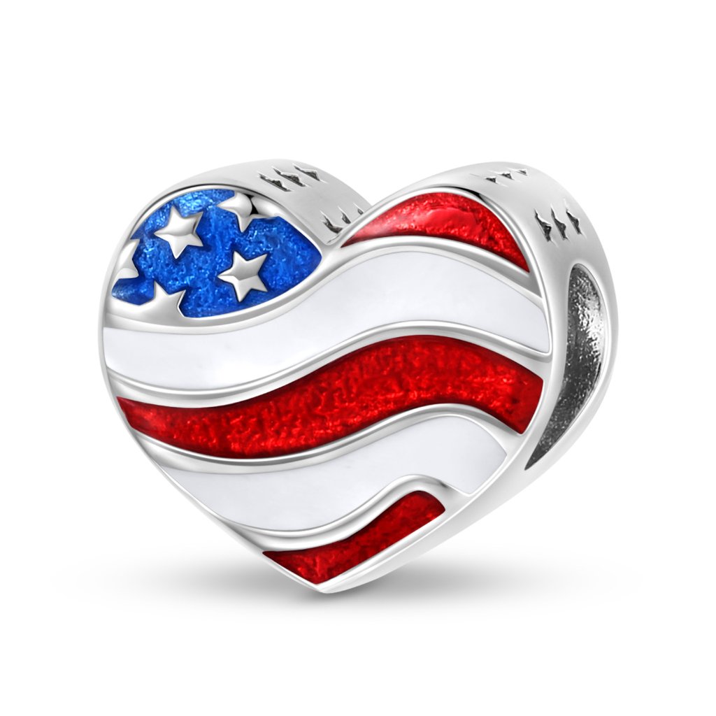 S925 Sterling Silver American Flag Heart Enamel Big Hole Bead Charm for DIY Bracelet — Charms | MAOLE Fine Jewelry