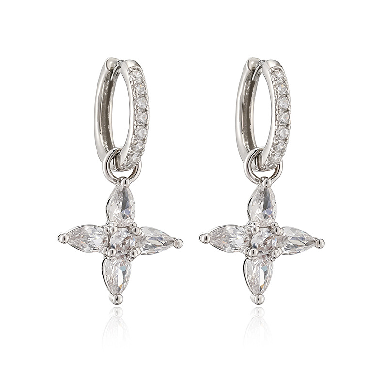 Copper Inlaid Colorful Zircon Marquise Petal Flower Huggie Hoop Earrings Dainty Floral Dangle Charms for Women — Silver-tone with Clear Flower