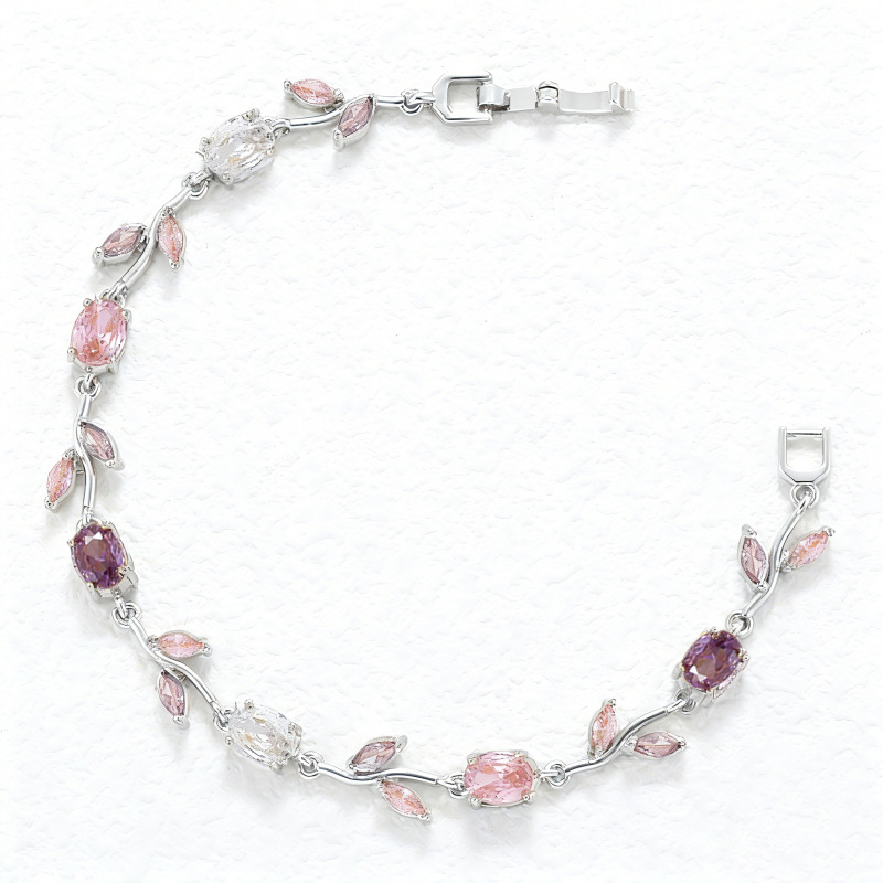 Elegant Versatile Copper-Inlaid Gradient Multi-Color Crystal Vine Leaf and Petal Bracelet, Fashion Luxury Tulip Layering Jewelry