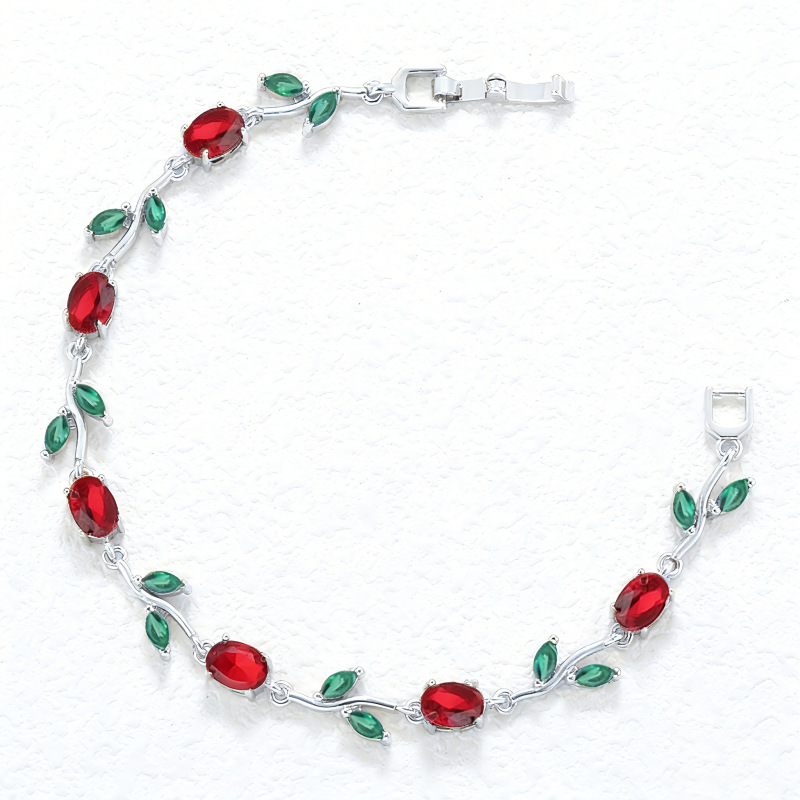 Elegant Versatile Copper-Inlaid Red and Green Crystal Leaf and Petal Bracelet, Fashion Luxury Tulip Layering Jewelry
