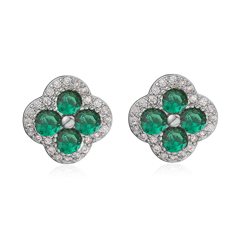 Copper Inlaid Color Stone Stud Earrings - Clover Flower (Silver, Green)