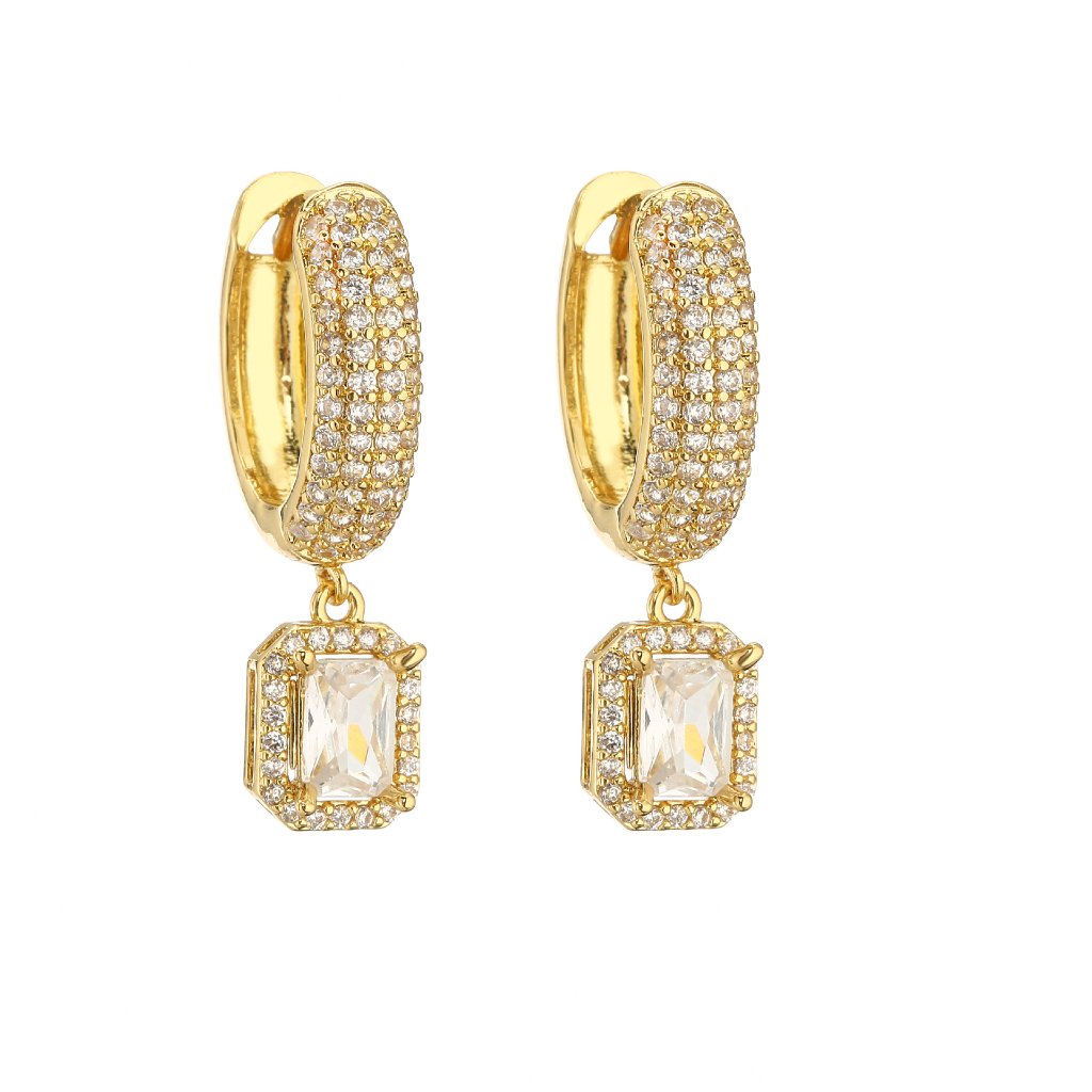 Full Drill Square Sugar Earrings - Copper 18K Gold Plated Super Sparkling Pink Diamond Small Square Dangle Ear Clips