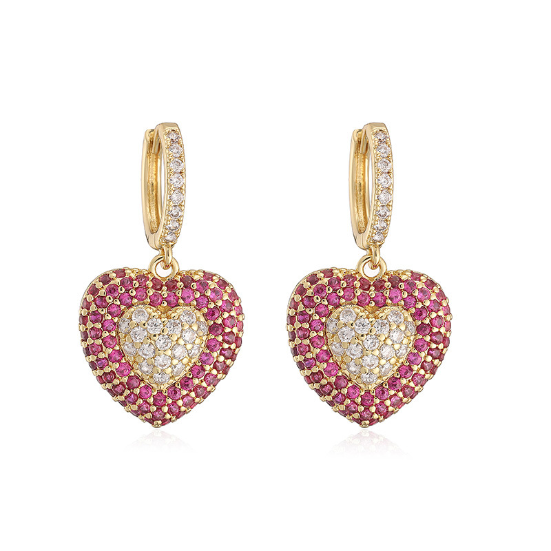 Exquisite Light Luxury Copper Inlaid Colorful Zircon Double-Layer Heart Huggie Hoop Earrings Super Sparkly Heart Dangle Charms — Gold-tone with Magenta Heart
