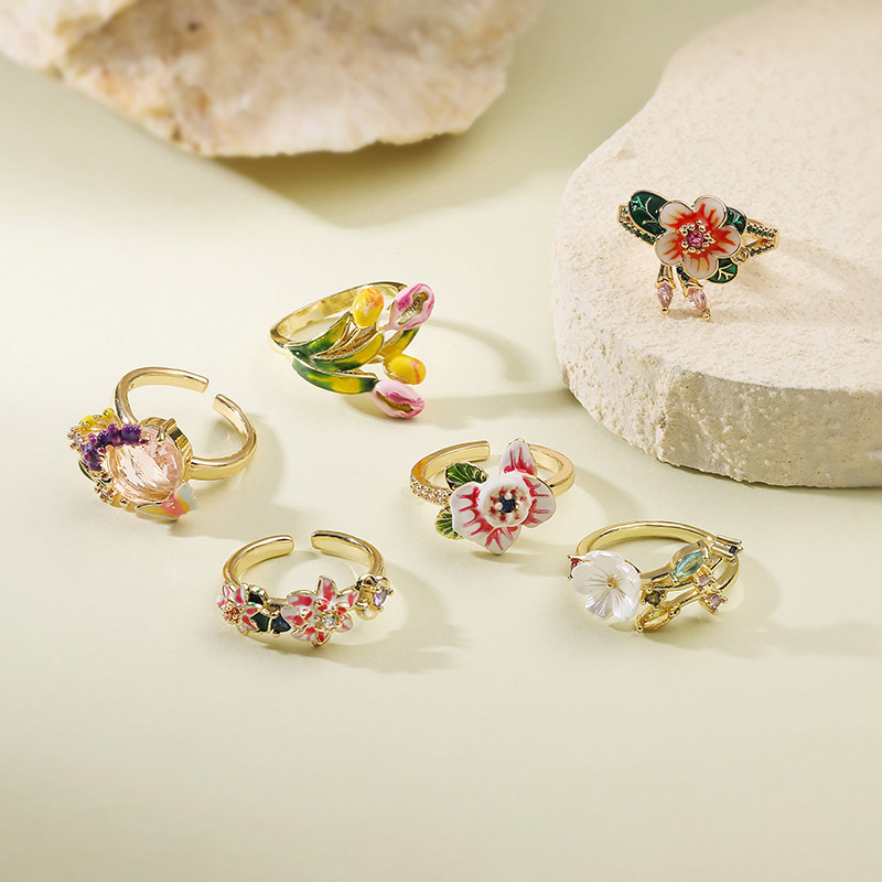 Copper Gold-Plated Colorful Enamel Floral Ring - Fresh Sweet Tulip Daisy Open Adjustable Finger Ring for Women — All Designs