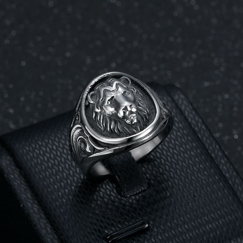 Steel Lion Head Signet Ring — view 2