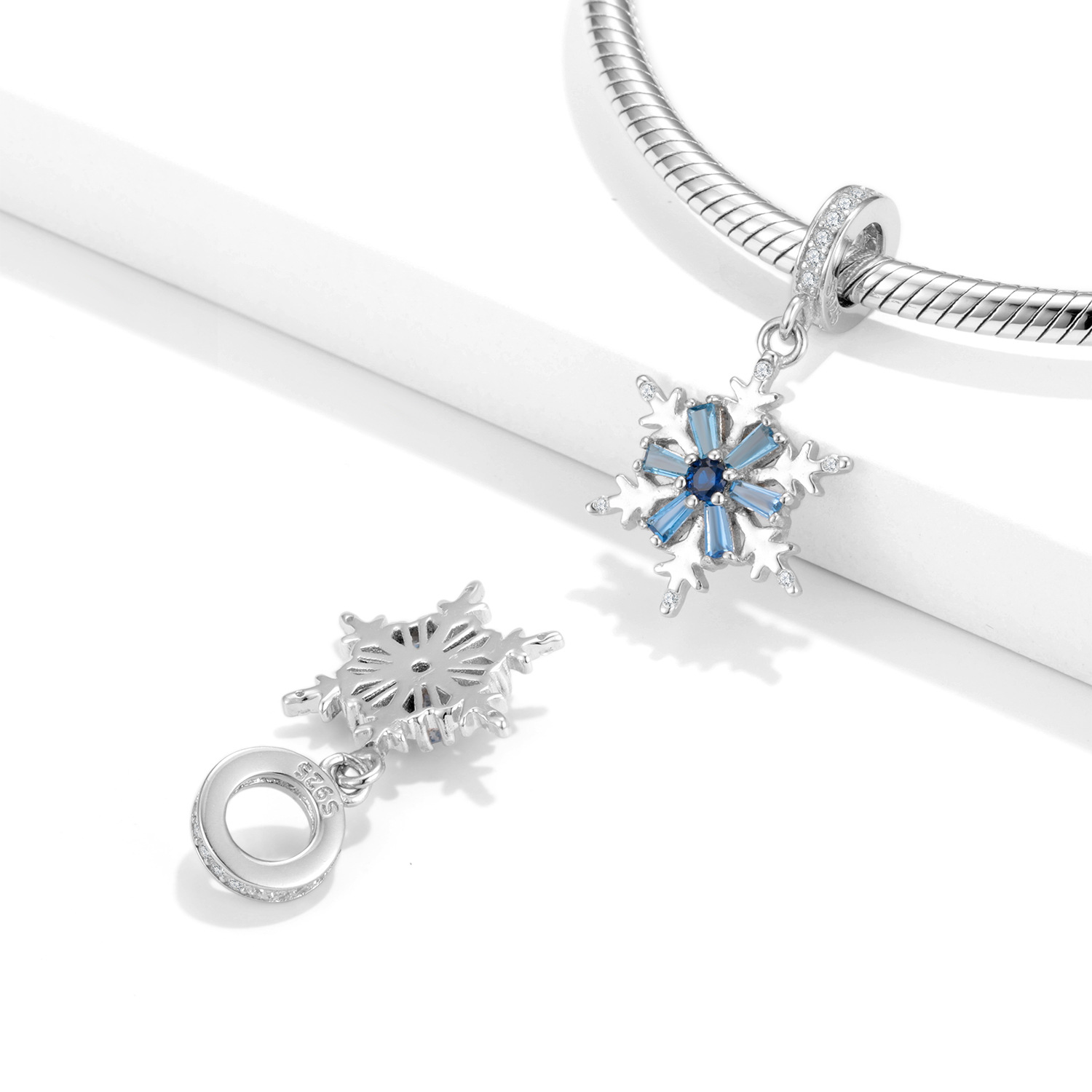 Blue Sparkling Snowflake Charm Christmas S925 Sterling Silver Dangle for DIY Bracelet and Necklace — view 3