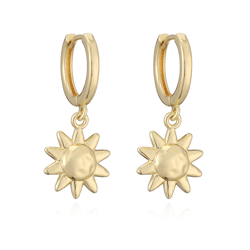 French Retro Copper Gold-Tone Smooth Sun Drop Hoop Earrings