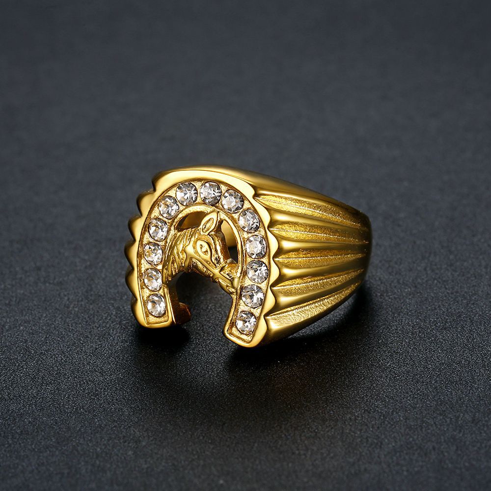 Gold-Plated Horse Head Rhinestone Signet Ring — view 2
