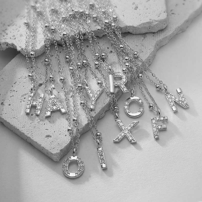 Silver-Tone Copper Zircon Inlaid 26 Letter Beaded Station Chain Necklace Versatile Alphabet Clavicle Chain