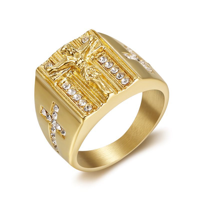 Gold-Plated Rhinestone Crucifix Signet Ring — Rings | MAOLE Fine Jewelry
