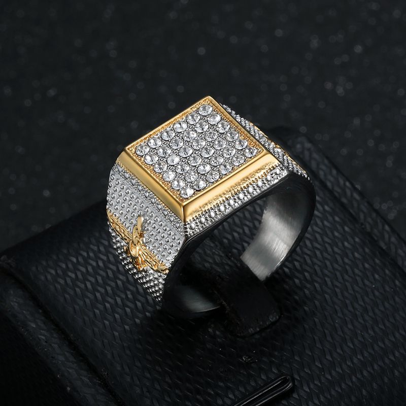 Steel Gold-Accent Rhinestone Zoroastrian Square Signet Ring 2