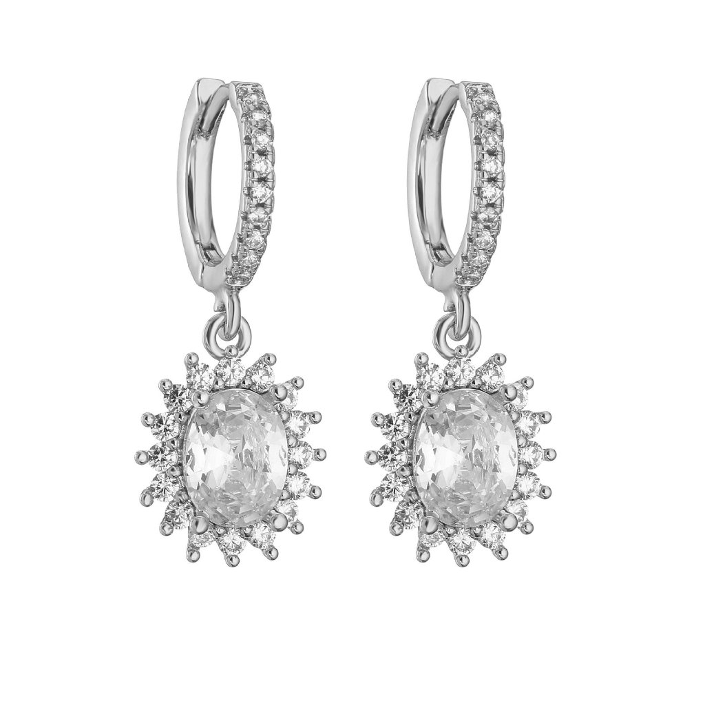 Zirconia Oval Drop Hoop Earrings - Silver Plated