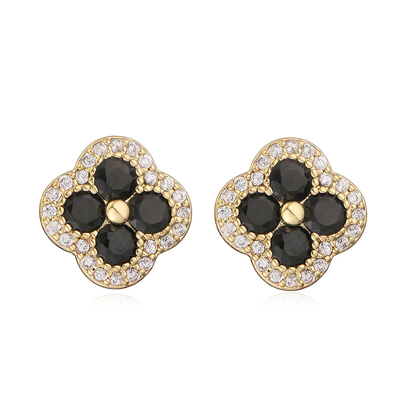 Copper Inlaid Color Stone Stud Earrings - Clover Flower (Gold, Black)
