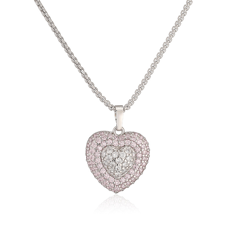 Exquisite Light Luxury Copper Inlaid Colorful Zircon Double-Layer Heart Pendant Necklace Super Sparkly Heart Dangle Charm Chain — Silver-tone with Light Pink Heart