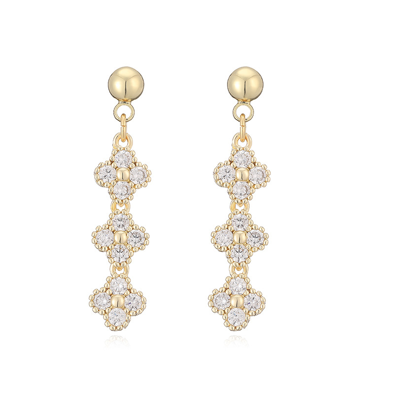Elegant Crystal Flower Tassel Drop Earrings - Triple Floral Dangle Studs 25