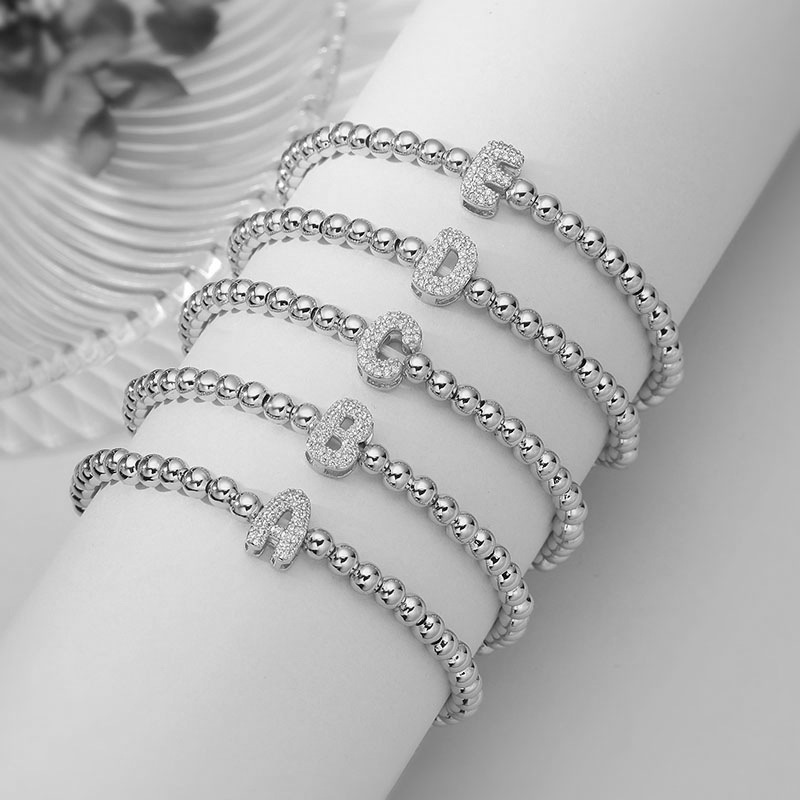 Copper Full Zirconia 26-Letter Elastic Beaded Bracelet (Silver-tone) - Women's Round Bead Charm Bracelet — Charms | MAOLE Fine Jewelry