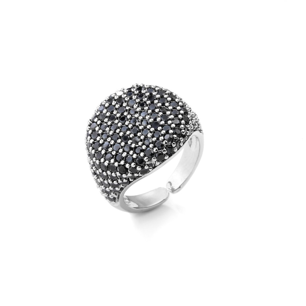 Full-Diamond Circular Open Geometric Zirconia Ring 18K Real Gold Plating Adjustable Women's Ring — Black/Silver