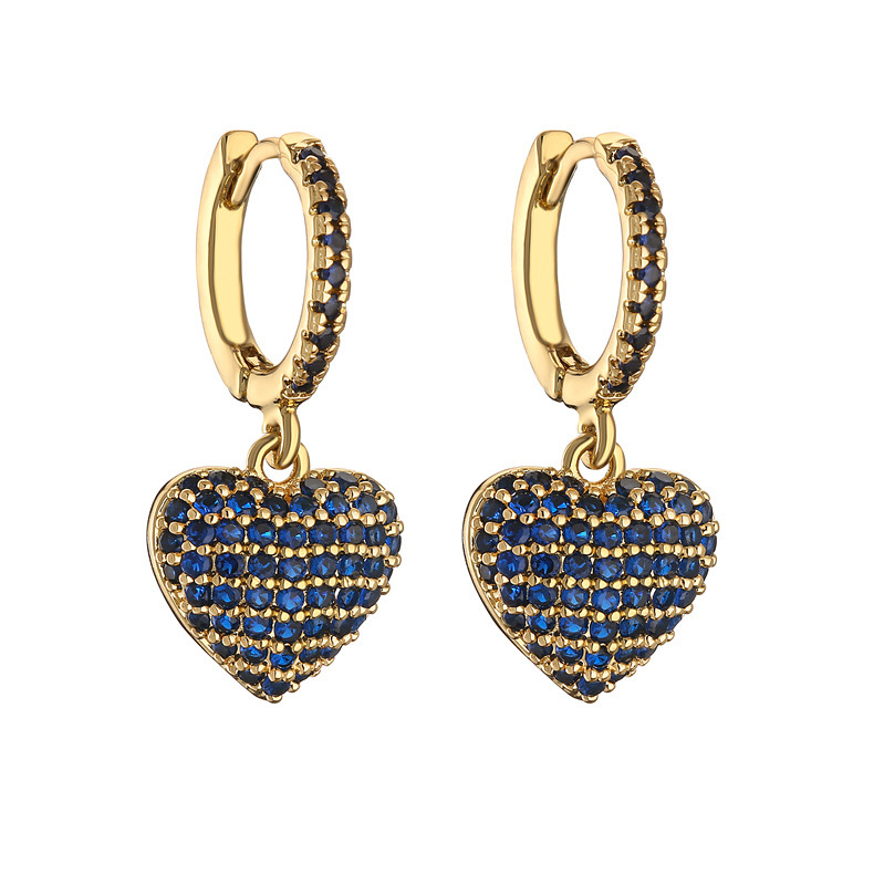 French-Style Light Luxury Colorful Zircon Heart Huggie Hoop Earrings with Pavé Heart Dangle Charms — Blue