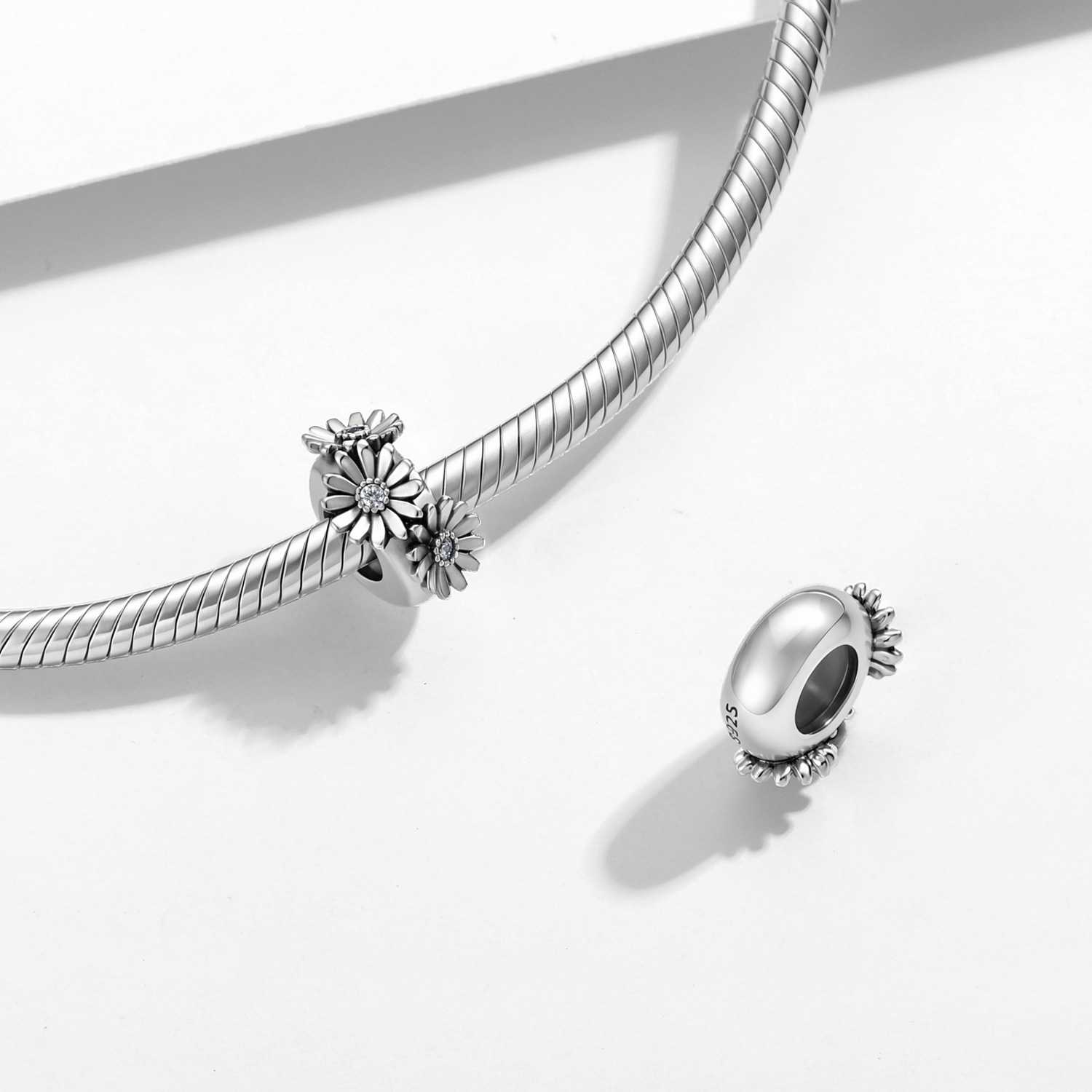 S925 Sterling Silver Daisy Spacer Charm with Zirconia - Floral DIY Bracelet Bead — view 3
