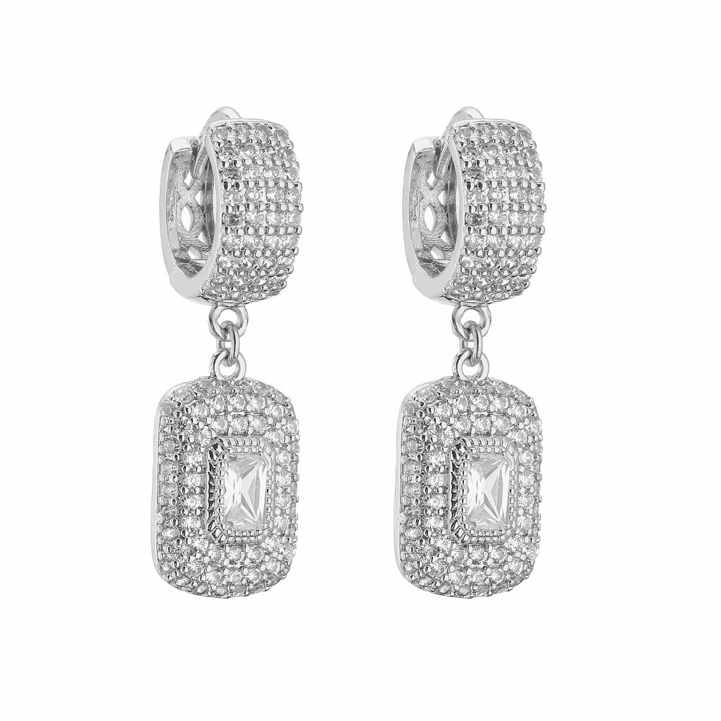 Full Drill Square Sugar Earrings - Copper 18K Gold Plated Super Sparkling Clear Stone Small Square Dangle Ear Clips (Silver)
