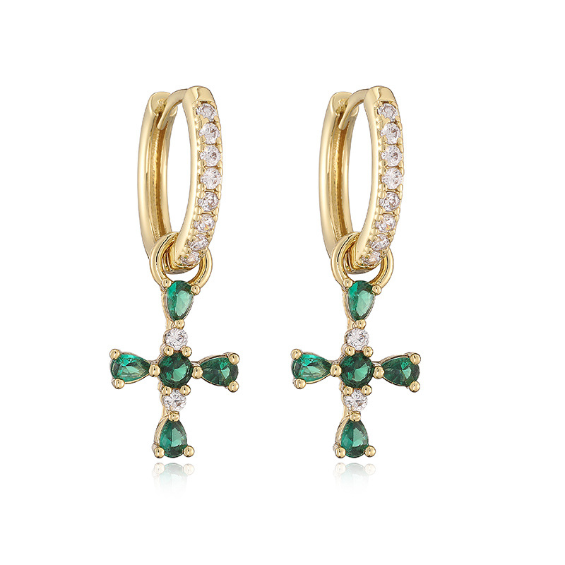 Copper Gold-Plated Colorful Zircon Cross Huggie Hoop Earrings Trendy Hip-Hop Style Cross Dangle Charms — Gold-tone with Green Cross