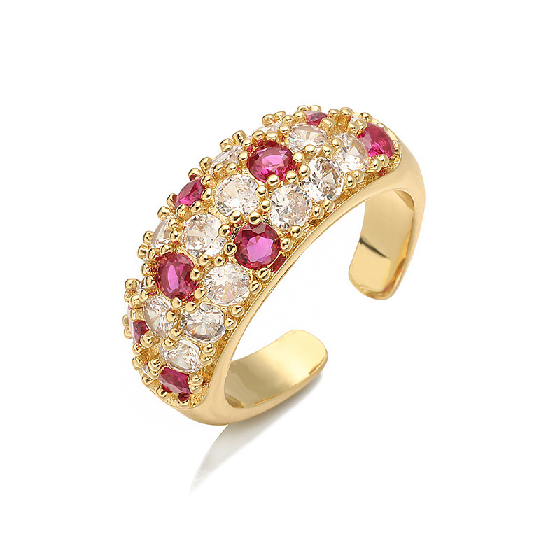 Copper Inlaid Colorful Diamond Circular Open Adjustable Ring Niche High-End Pave-Set Ring — Red/Gold