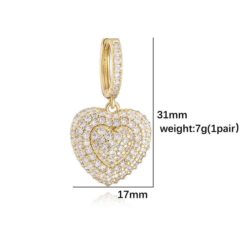 Exquisite Light Luxury Copper Inlaid Colorful Zircon Double-Layer Heart Huggie Hoop Earrings Super Sparkly Heart Dangle Charms — Spec Chart - Gold Clear
