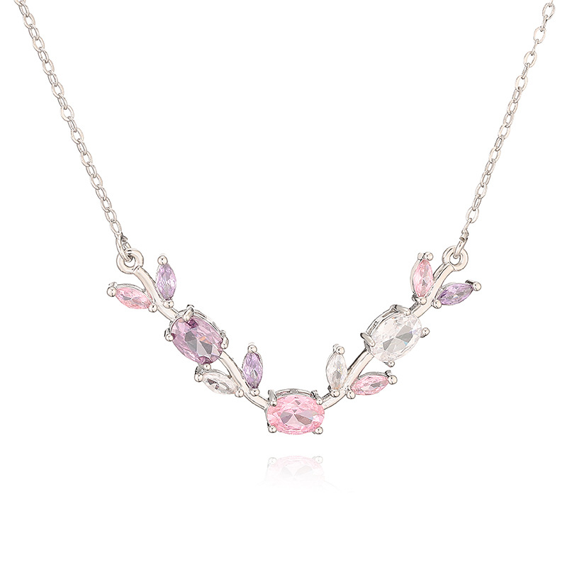 Exquisite Light-Luxury Copper Inlaid Colorful Zirconia Tulip Necklace (Silver-tone) - Sweet Versatile Branch-Leaf Flower Petal Collar Chain 3