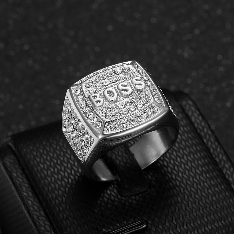 Steel Rhinestone BOSS Letter Signet Ring — view 3