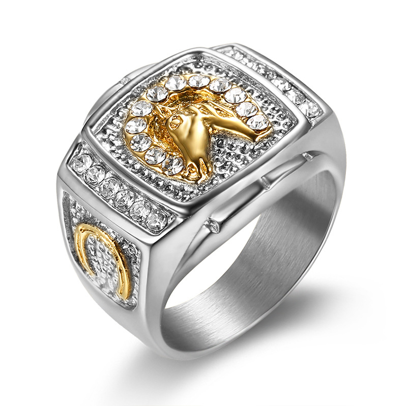 Horse Head Hip-Hop Rhinestone Signet Ring — view 3