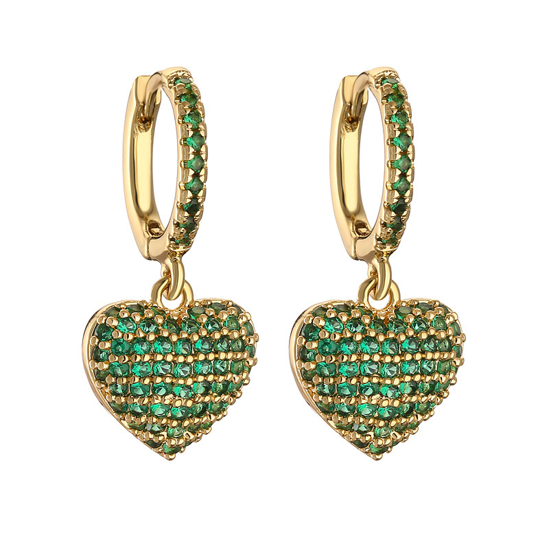 French-Style Light Luxury Colorful Zircon Heart Huggie Hoop Earrings with Pavé Heart Dangle Charms — Green