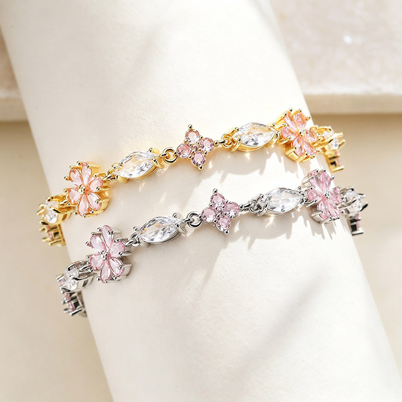Elegant Sweet Copper Inlaid Pink Zircon Cherry Blossom Spliced Bracelet Niche High-Sense Flower Petal Charm Chain — Charms | MAOLE Fine Jewelry