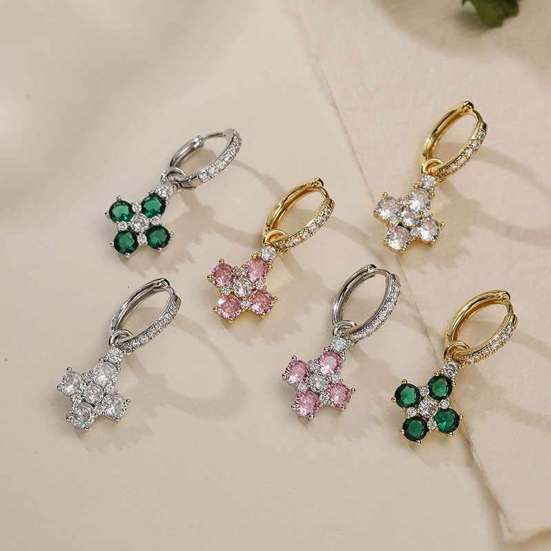 Copper Inlaid Colorful Zircon Flower Huggie Hoop Earrings Dainty Flower Petal Dangle Charms for Women — All 6 Colors Alternate Display
