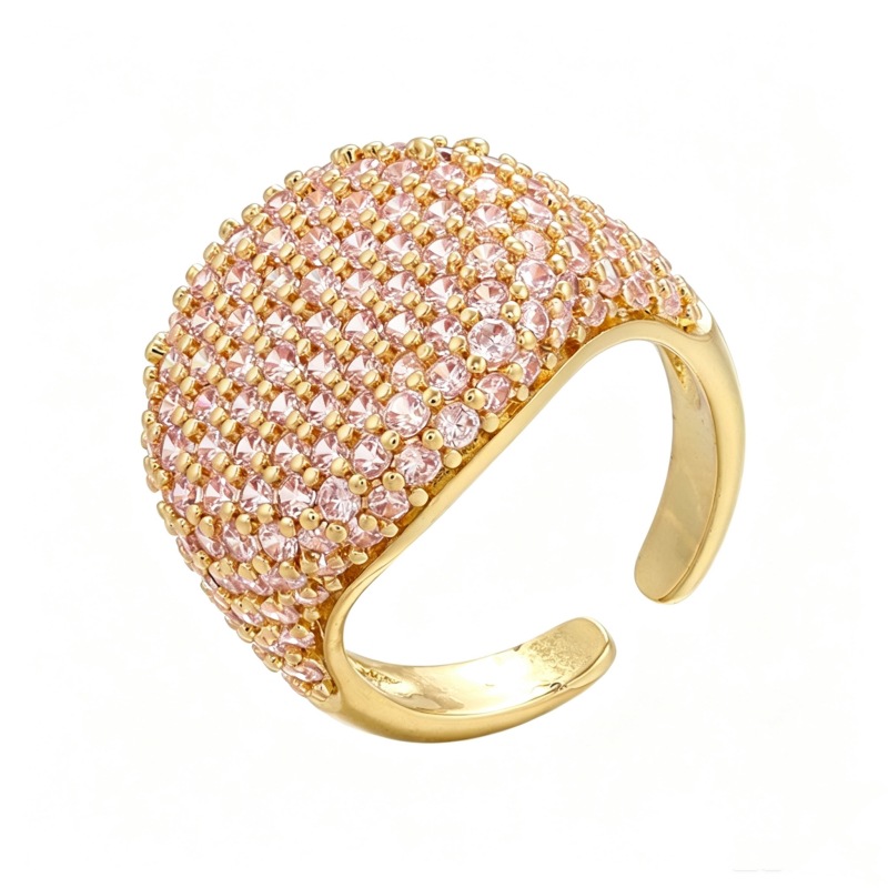 Full-Diamond Circular Open Geometric Zirconia Ring 18K Real Gold Plating Adjustable Women's Ring — Light Pink/Gold