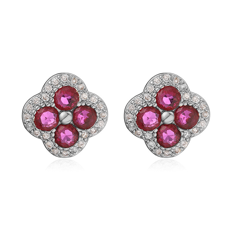 Copper Inlaid Color Stone Stud Earrings - Clover Flower (Silver, Pink)