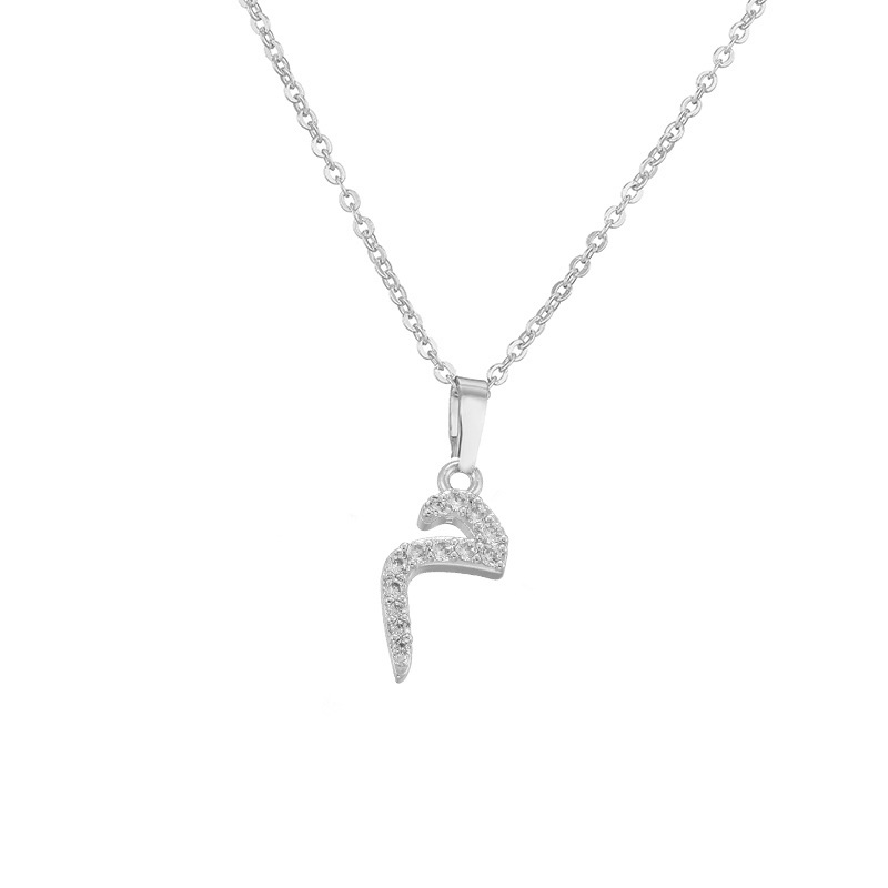 Copper Inlaid Zircon Arabic Letter Pendant Necklace Personalized Hip-Hop Letter Chain Silver Tone 14
