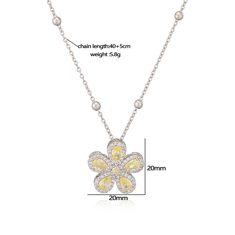 Copper-Inlaid Teardrop Colored Diamond Five-Petal Flower Pendant Necklace - Elegant Light Luxury Sparkling Floral Beaded Clavicle Chain 2