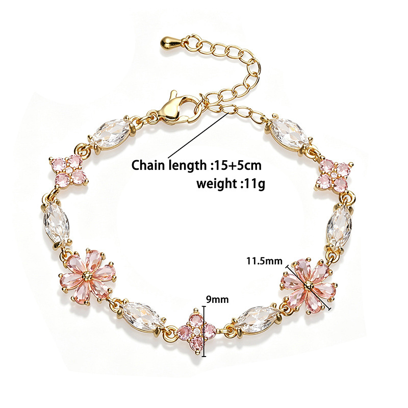 Elegant Sweet Copper Inlaid Pink Zircon Cherry Blossom Spliced Bracelet Niche High-Sense Flower Petal Charm Chain — Spec Chart - Gold-tone